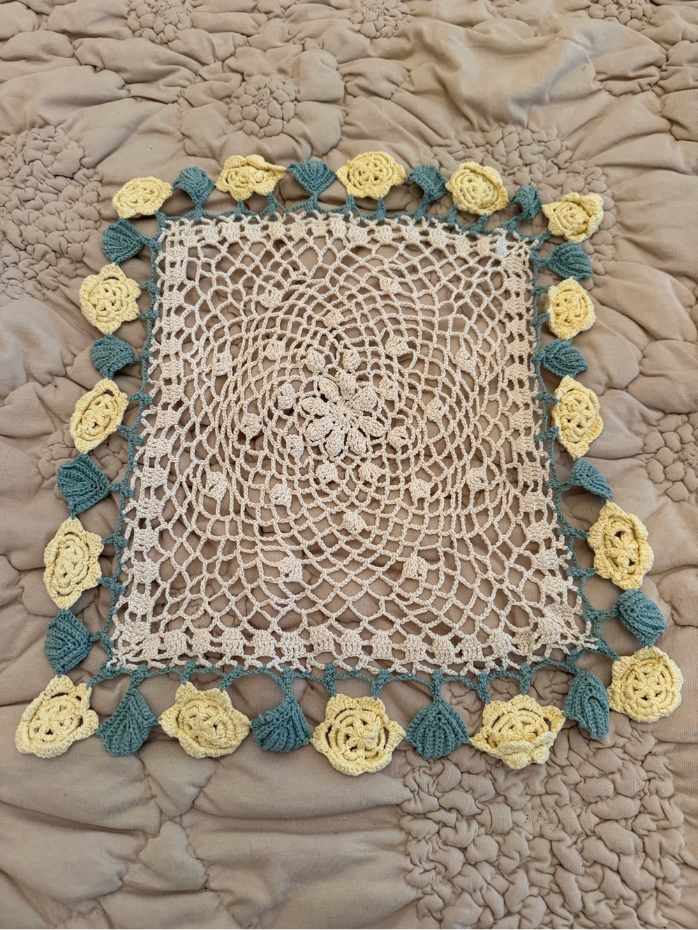 Handmade Crochet Square Doily with Yellow Rose and Green Trim